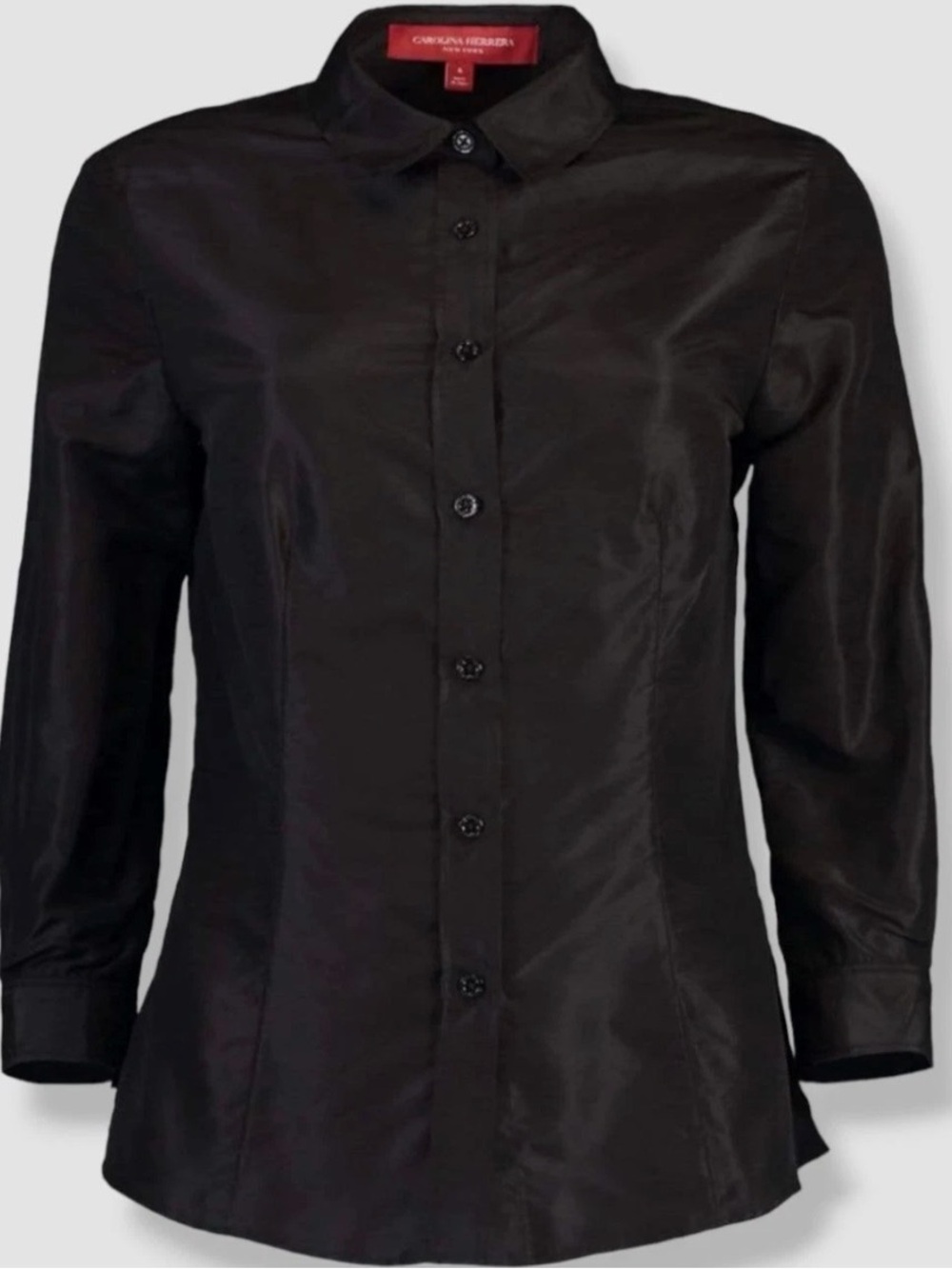 $990 Carolina Herrera Women's Black Silk Taffeta Collared Shirt Top Size 12
